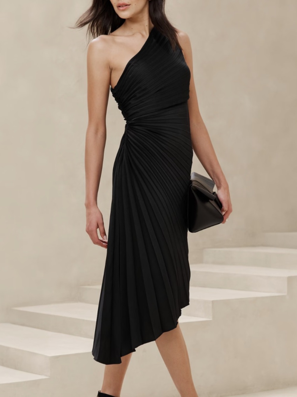 Banana Republic Black One-Shoulder Pleated Midi Dress